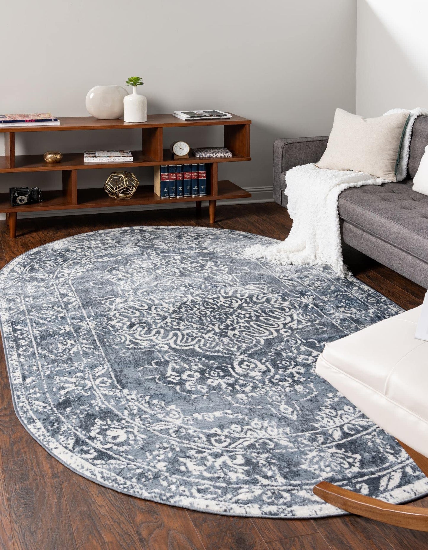 Unique Loom Oxford Collection Area Rug - Bodleian (4' 1" x 6' 1" Oval, Blue/ Ivory)