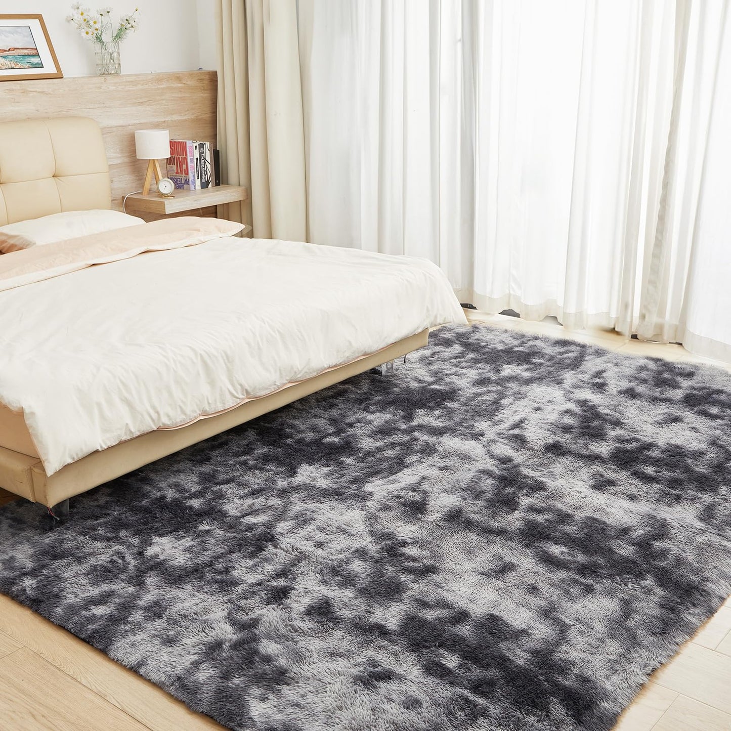 Humube Large 6x9 Area Rugs for Living Room, Indoor Shaggy Rugs for Bedroom, Anti-Slip Fluffy Shag Rugs Fuzzy Furry Plush Rugs for Kids Girls Room Decor, Tie-Dyed Dark Grey