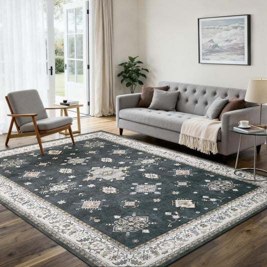 5'x7' Washable Area Rug Non-Slip, Vintage Floral Medallion Distressed Carpet, Soft Low Pile Indoor Floor Mat for Living Room Bedroom Dining Room, Navy Blue & Ivory Vintage