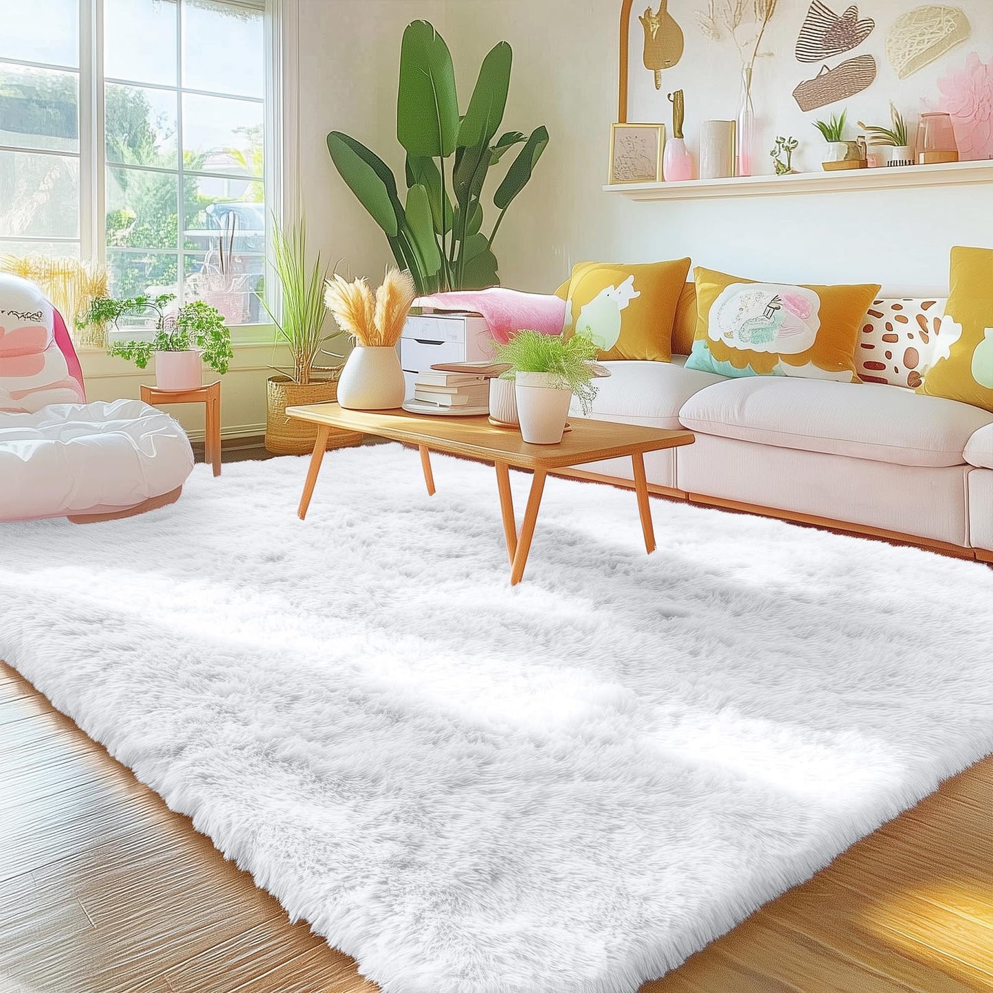 OLANLY 5x5 Area Rugs for Living Room Bedroom, Machine Washable Soft Fluffy Shaggy Bedside Rug, Indoor Floor Carpet for Kids Girls and Boys, Dorms, Nursery Rooms, Home Decor Aesthetic, White
