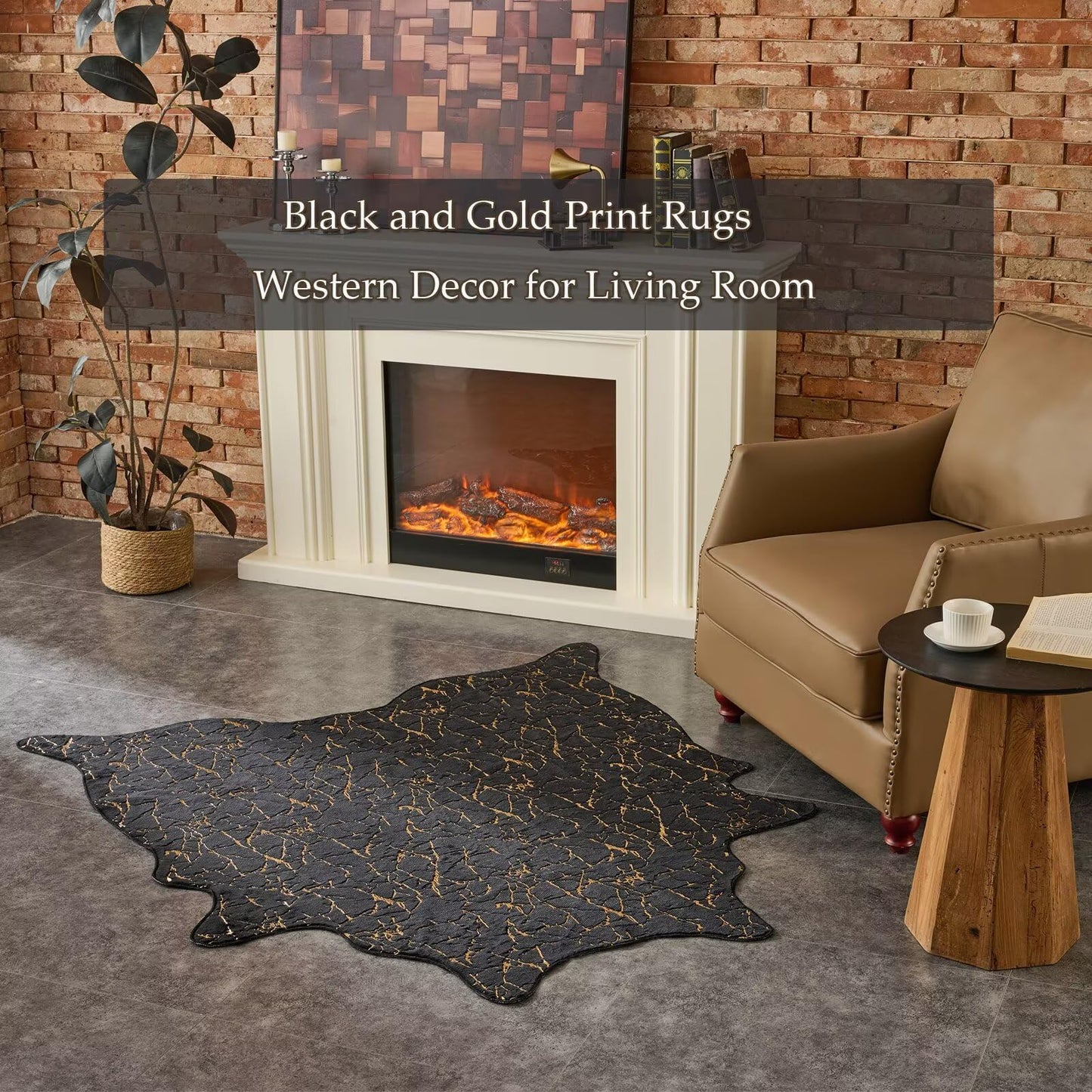 Premium Faux Fur Cowhide Rug,Large Carpet Non-Slip Cow Print Rugs,Suitable for Bedroom Living Room Western Decor,Faux Fur Animal Cow Hide Carpet-Black and Gold-6.3 * 9FT(75 * 110inch)