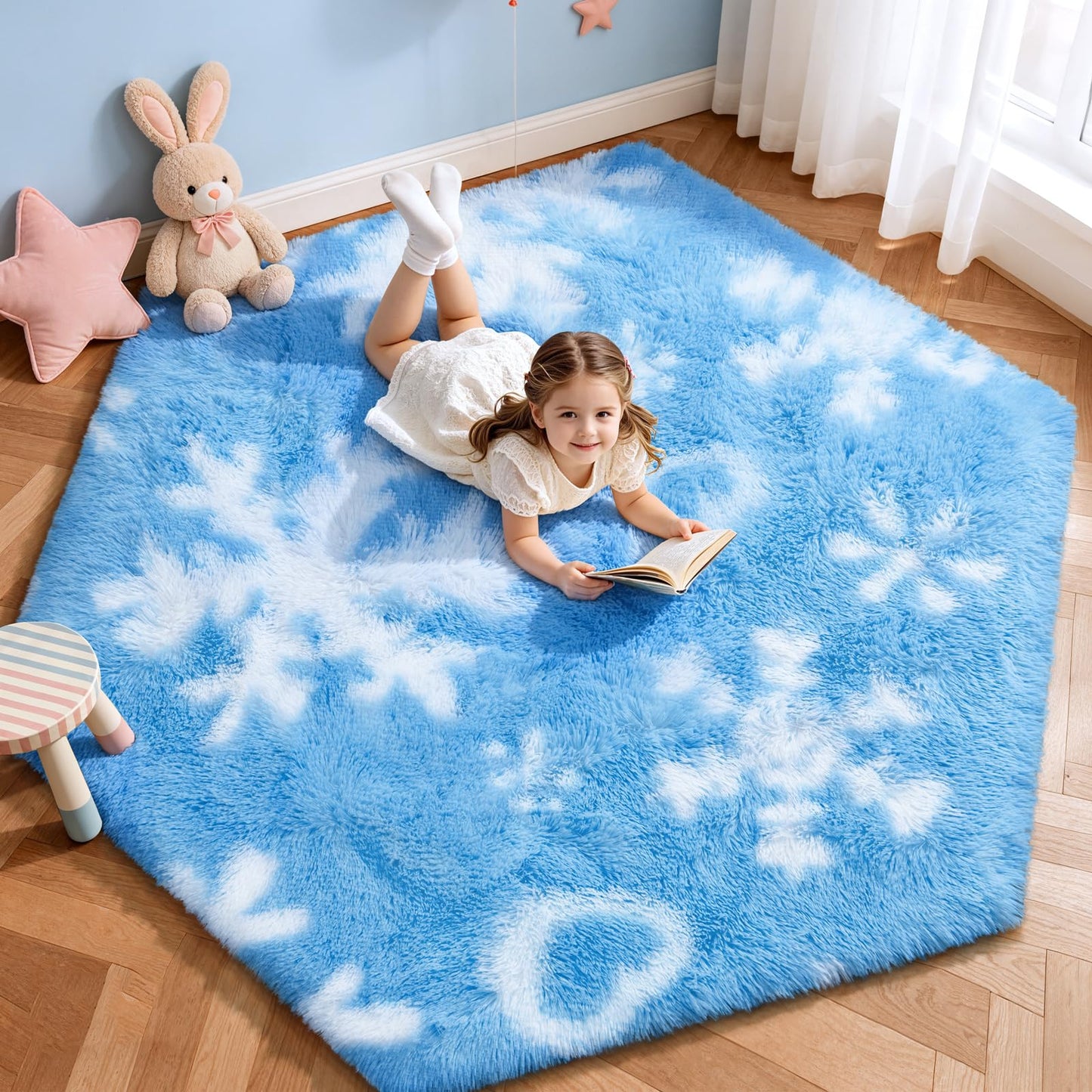 KIXINWA Hexagon Rug for Bedroom, 4x4.6 Area Rug for Living Room, Fluffy Carpet for Girls Kids Nursery Dorm Room, Soft Shag Non Slip Floor Rugs, Home Décor Carpet, Machine Washable, Blue Frozen