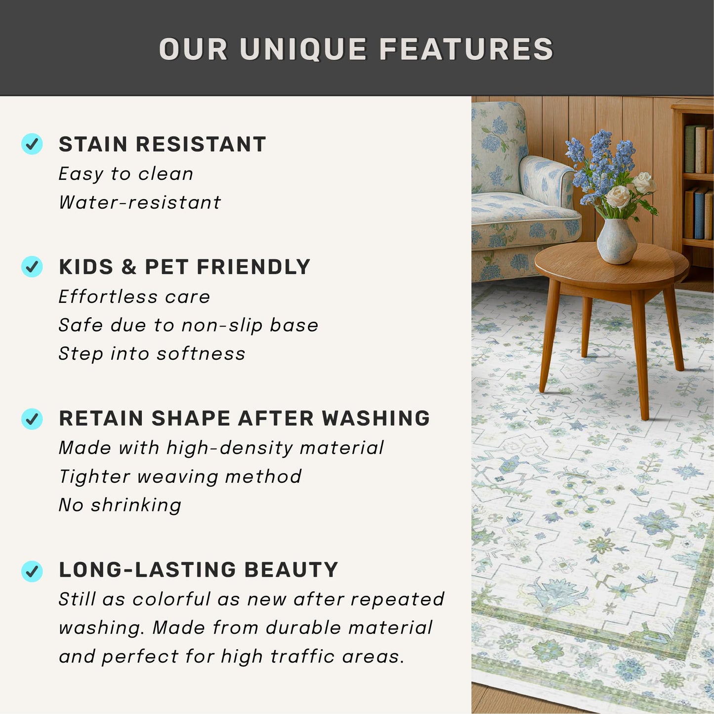 Hazo Haus Blue and Green Living Room Rug 8x10 - Cream Oushak Vintage Boho Floral Farmhouse, Washable Low Pile Non-Slip Extra Large Area Rugs for Bedroom, Girls, Boys, Playroom, Lounge