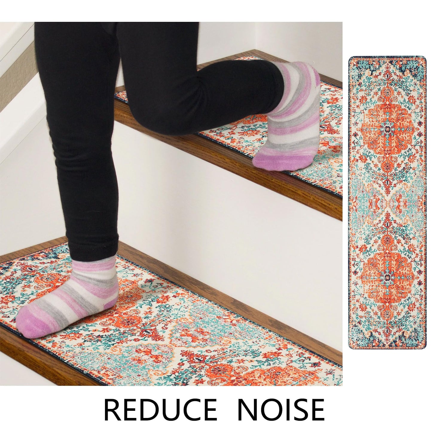 Boho Stair Treads Non Slip - Carpet Stair Treads for Wooden Steps Indoor, Stair Rugs for Kids, Elders and Dog, Stair Runners for Wooden Steps, 15 pcs
