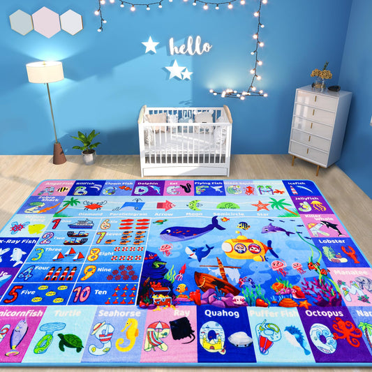 Mfmiudole Ocean Educational Kids Learning Rug with ABC Alphabet, Sea Animals, Numbers & Shapes, Interactive Preschool Play Carpet for Classroom Nursery Homeschool, Non-Slip Rug, 5' x 3'3"