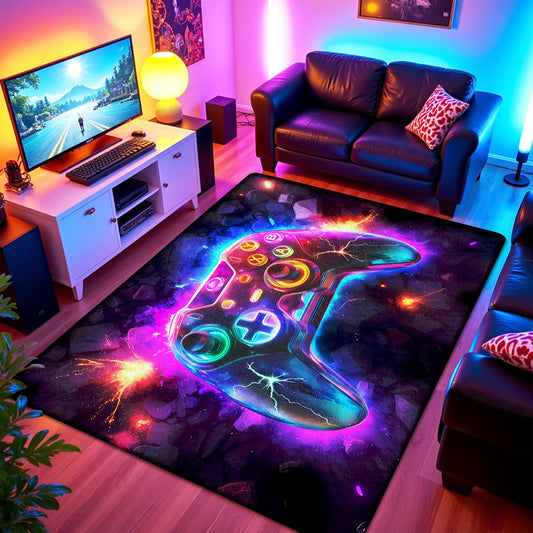 3x5 ft Neon Gaming Area Rug for Boys Room, Colorful Game Controller Carpet for Gamer Room Decor, Low Pile Non-Slip Video Game Rug for Teens Playroom or Game Zone - 03