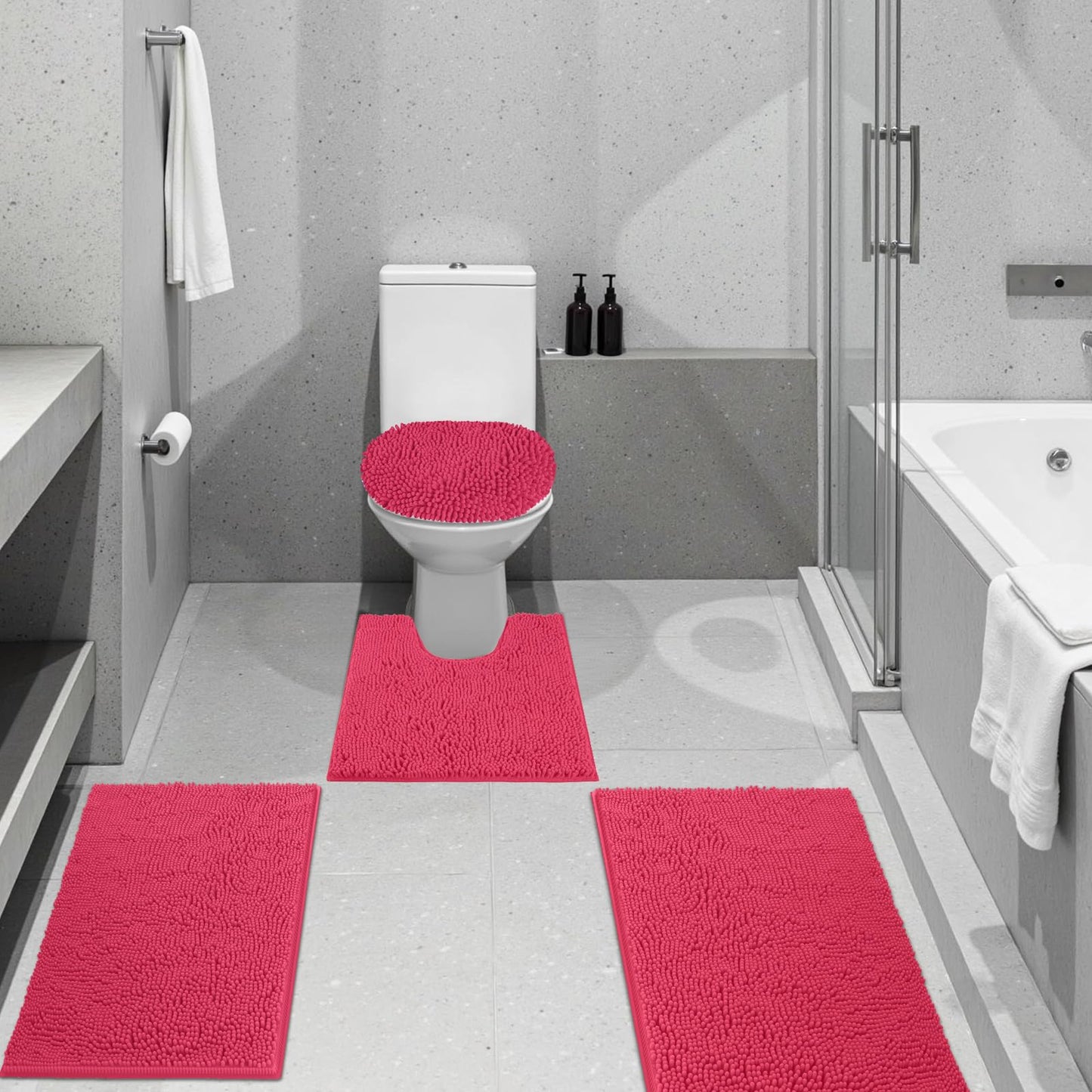 Baahrnom Bathroom Rugs Sets 3 Piece with Adjustable Toilet Seat Cover 19.5"x 18.5" Machine Washable Bath Rug Set with TPR Non Slip Rubber Backing Solid Bath Mat Set for Luxury Bathroom Decoration