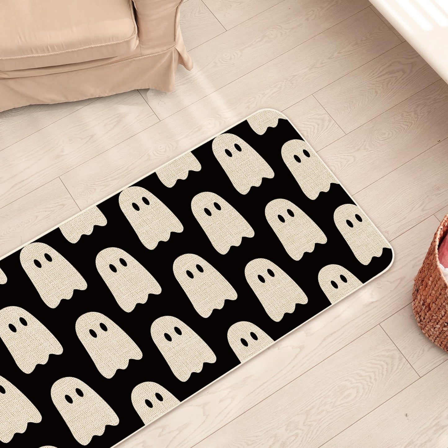 FYSUIMU Halloween Ghost Kitchen Rugs Set of 2 Black Ghost Boo Kitchen Floor Mat Non-Slip Spooky Bathroom Rugs Cute Halloween Kitchen Decor for Party Home, 17 x 29 Inch & 17 x 47 Inch