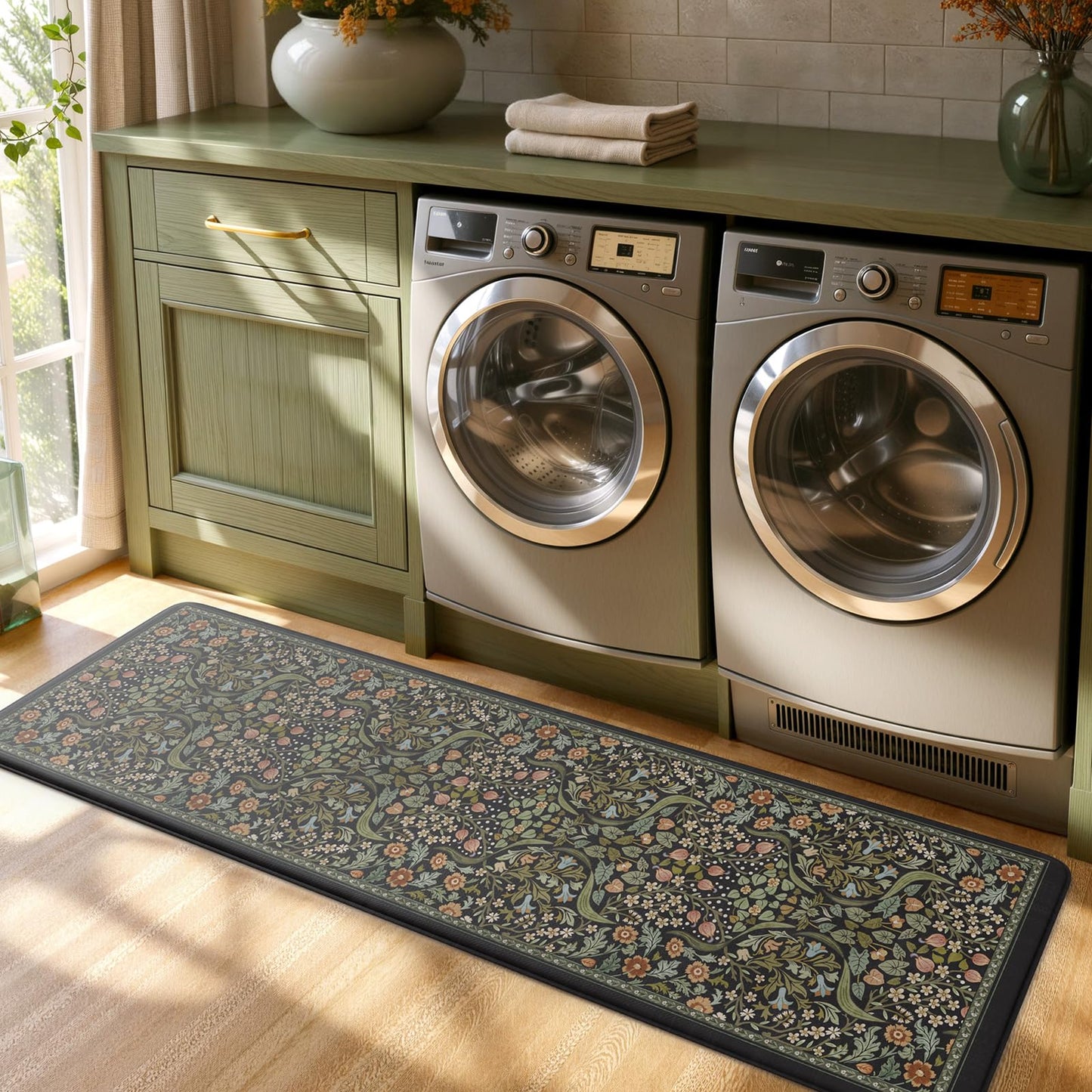 Collive Kitchen Mats for Floor, Cushioned Anti Fatigue Mat Black Floral Rugs Non Skid Waterproof Sink Rug, Memory Foam Comfort Standing Mat for Office, Laundry, Desk, 24''x71''