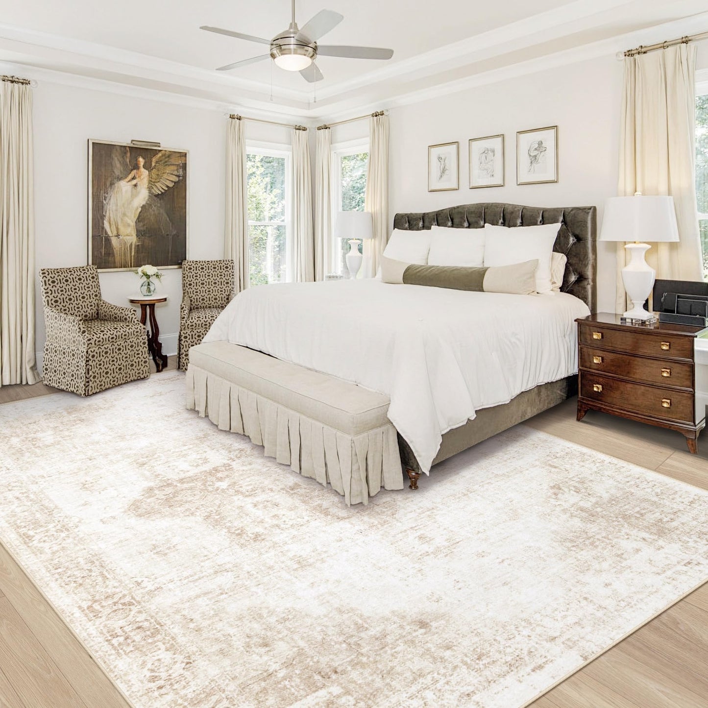 VECARF Area Rug 9x12 Washable Rug, Vintage Boho Medallion Rugs Non-Slip Soft Low Pile Large Distressed Rug Indoor Retro Carpet for Living Room Bedroom Dining Room Home Office (Beige, 9'x12')