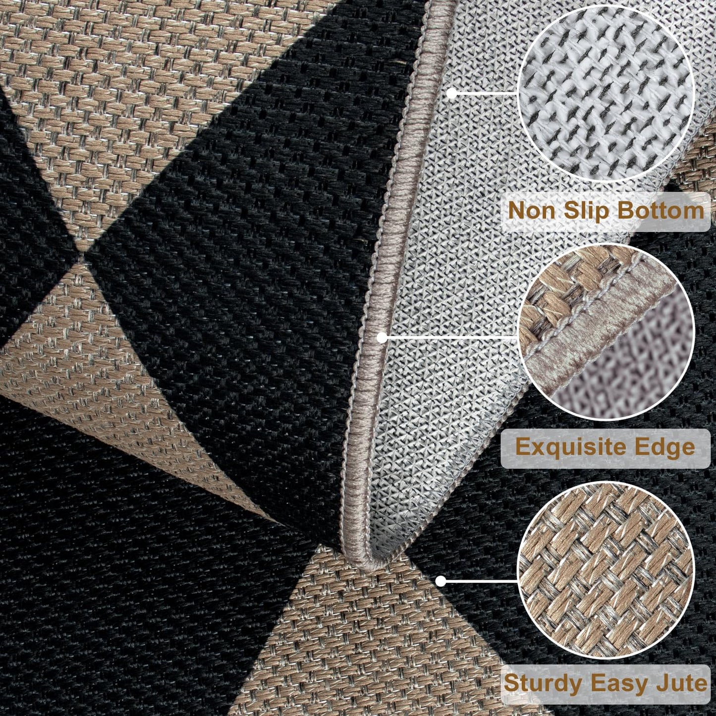 Rugalia Easy Jute Small Outdoor Patio Rug, 3x5 Black Checkered Entryway Rug Washable Modern Diamond Kitchen Rugs, Non-Slip Neutral Farmhouse Throw Carpet for Living Room Porch Backyard