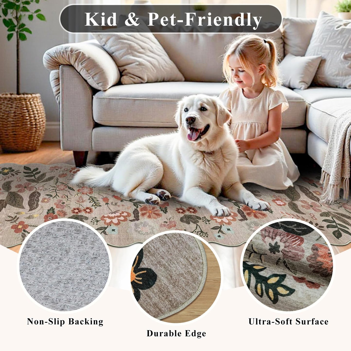 2x8 ft Non-Slip Washable Hallway Runner Rug – Boho Vintage Floral Carpet Runner for Kitchen, Bathroom, Bedroom & Entryway – Low-Pile Thin Soft Rug with Scalloped Edge (Beige Brown, 2x8)