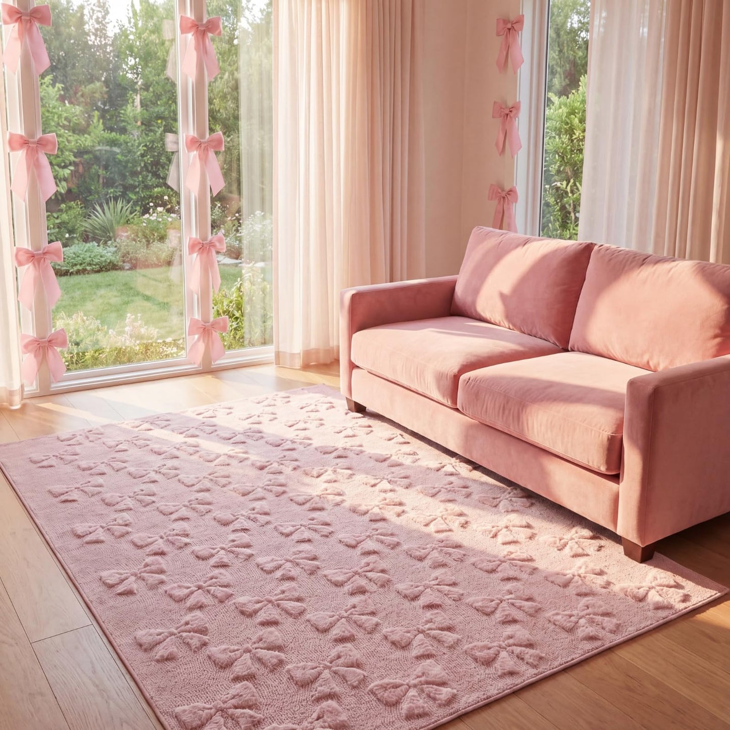 Klyyo Clyro Pink Bow Area Rugs for Bedroom Girls 4 x 6 ft Cute Coquette Throw Rugs Pink Plush Faux Fur Aesthetic Soft Bedroom Carpet for Living Room Dining Playroom Nursery Family Indoor Dorm