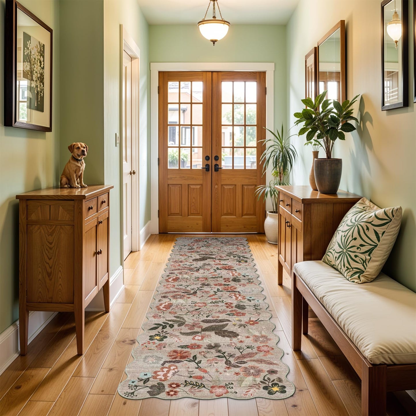 2x8 ft Non-Slip Washable Hallway Runner Rug – Boho Vintage Floral Carpet Runner for Kitchen, Bathroom, Bedroom & Entryway – Low-Pile Thin Soft Rug with Scalloped Edge (Beige Brown, 2x8)