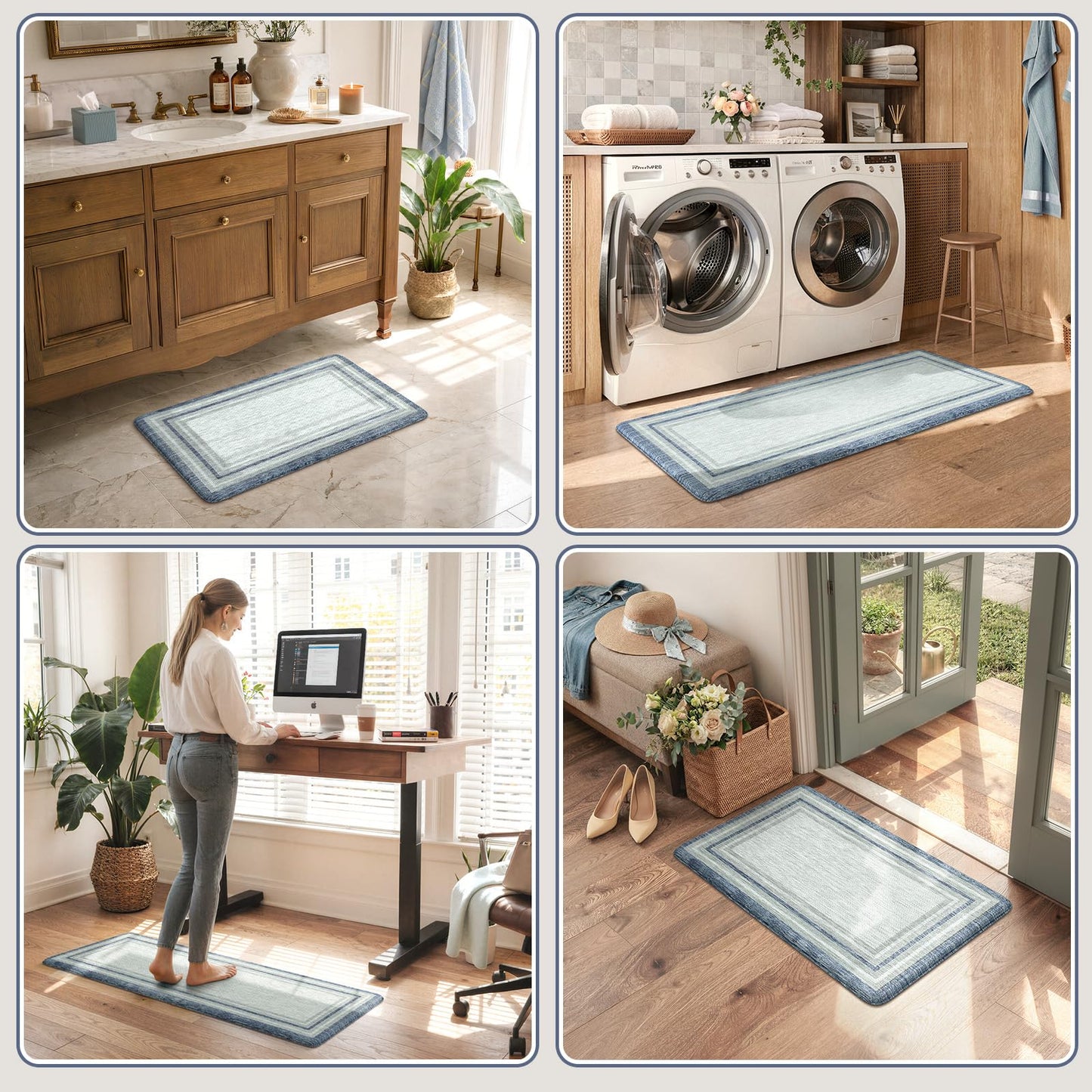 KIMODE Anti Fatigue Kitchen Mat 2PCS Non-Skid Waterproof Kitchen Rugs Farmhouse Kitchen Mat for Floor Laundry Room Rug,Cushioned Comfort Foam Standing Mat for Office Sink Desk Blue and Gray Home Decor