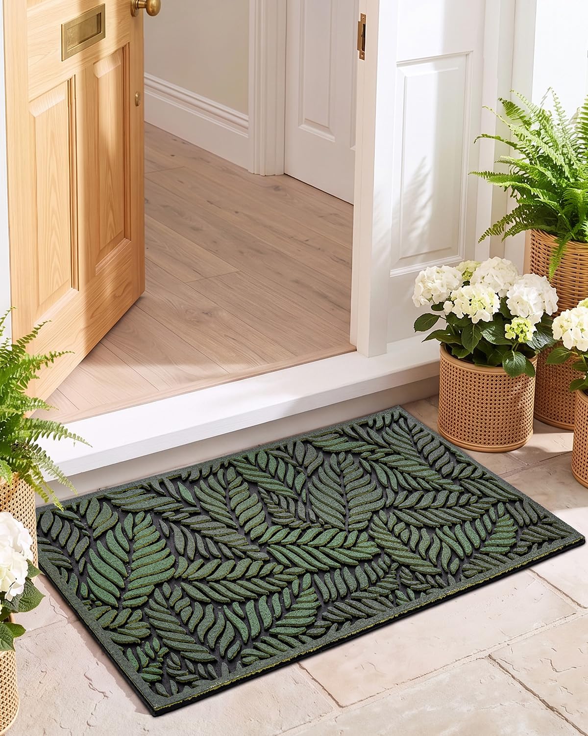 DEXI Front Door Mat Outside Entrance 17x30, Rubber Entry Doormat Heavy Duty Non Slip, Welcome Entryway Mats Dirt Trapping for Exterior Patio Garage, Green Leaves