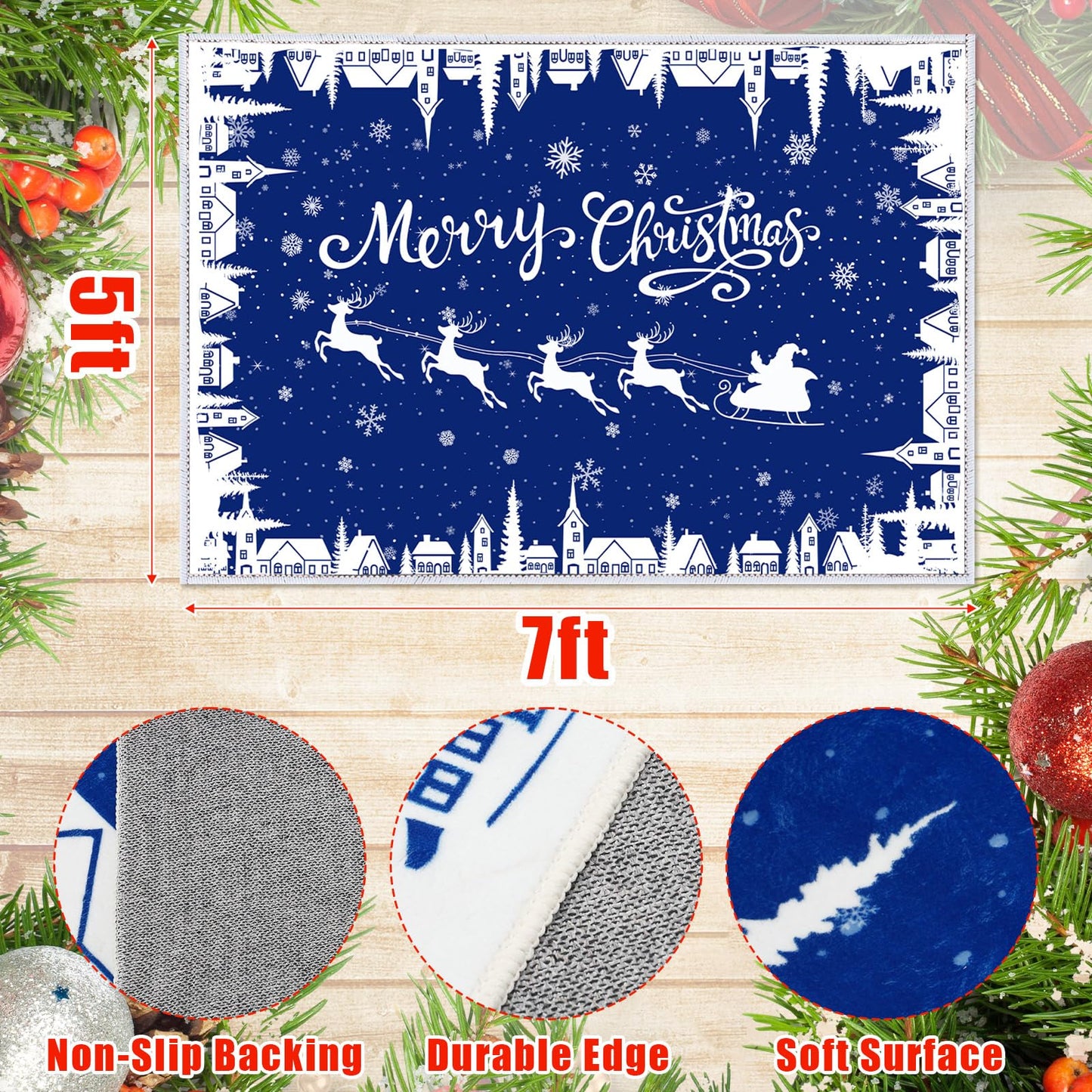 Dunzy Christmas Rug 5 x 7 ft Blue Snowflakes Merry Christmas Area Washable Rug Winter Village Xmas Non Slip Soft Indoor Decor for Kitchen Entryway Bathroom Bedroom Laundry Room