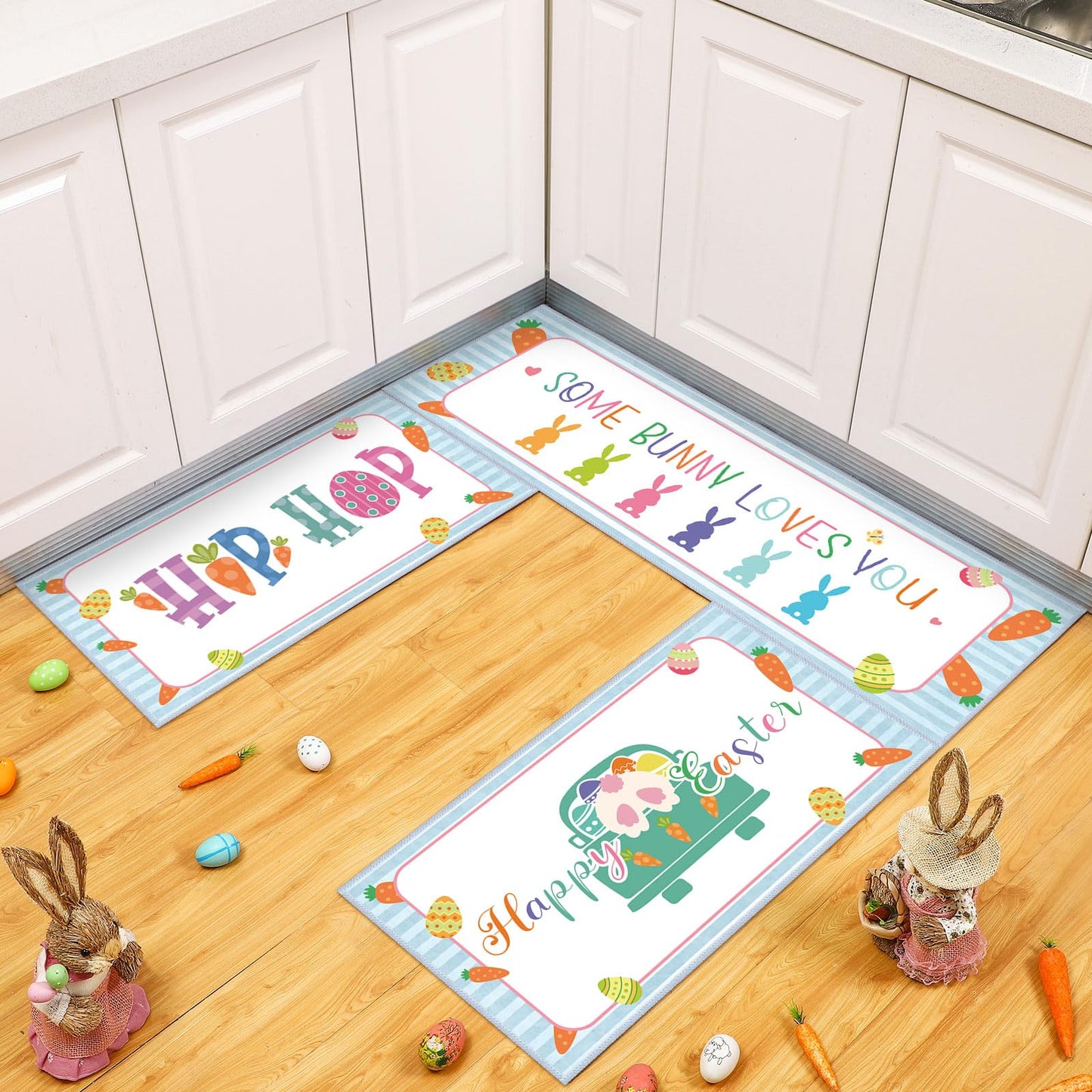 Amylove 3 Pcs Easter Kitchen Rug Easter Floor Mat Rabbits Bunny Eggs Hip Hop Rugs Decorative Spring Kitchen Mat Anti Slip for Home Bathroom Decoration, 47.2 x 15.8 Inch, 29.5 x 15.8 Inch