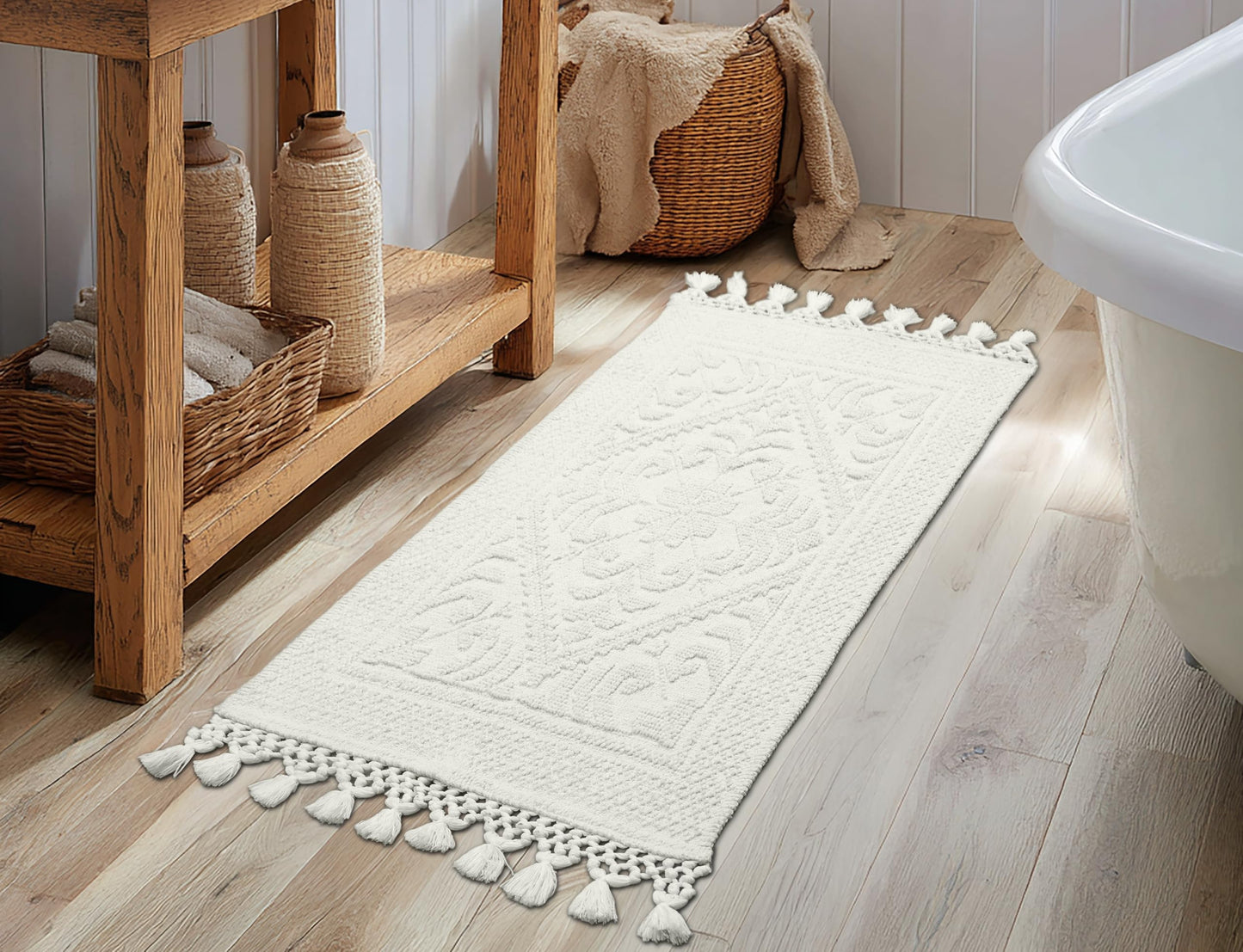 COTTON CRAFT Woven Area Rug - 2 Pack Cotton Jacquard Textured Rug - Boho Farmhouse Rustic Throw Rug with Fringe - Machine Washable Accent Mat for Bedroom Living Room Entryway Nursery - 20x32 - White