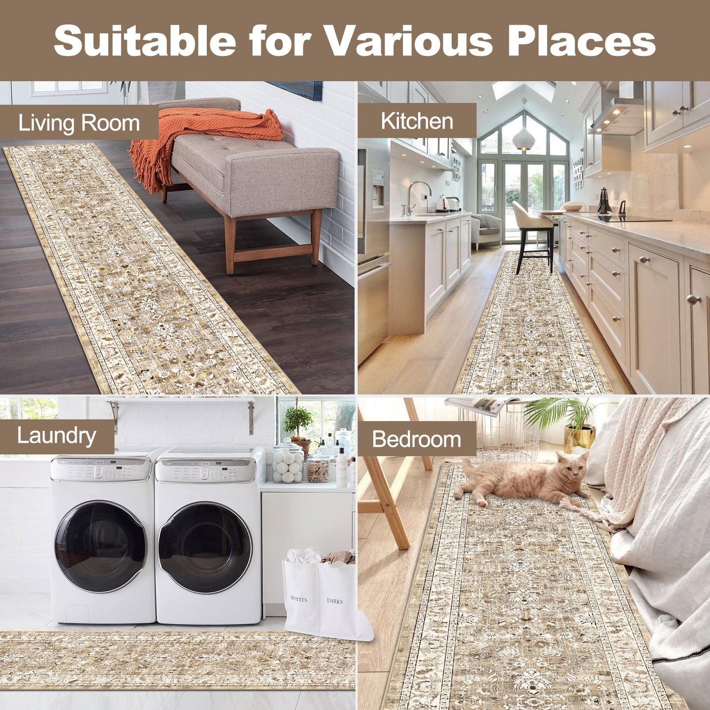LOKHOM Washable Runner Rug, 2x10 Non-Slip Boho Hallway Rug with Rubber Backing, Vintage Soft Stain Resistant Distressed Kitchen Runner Rug for Kitchen Laundry Entryway Bedroom (Beige Brown)