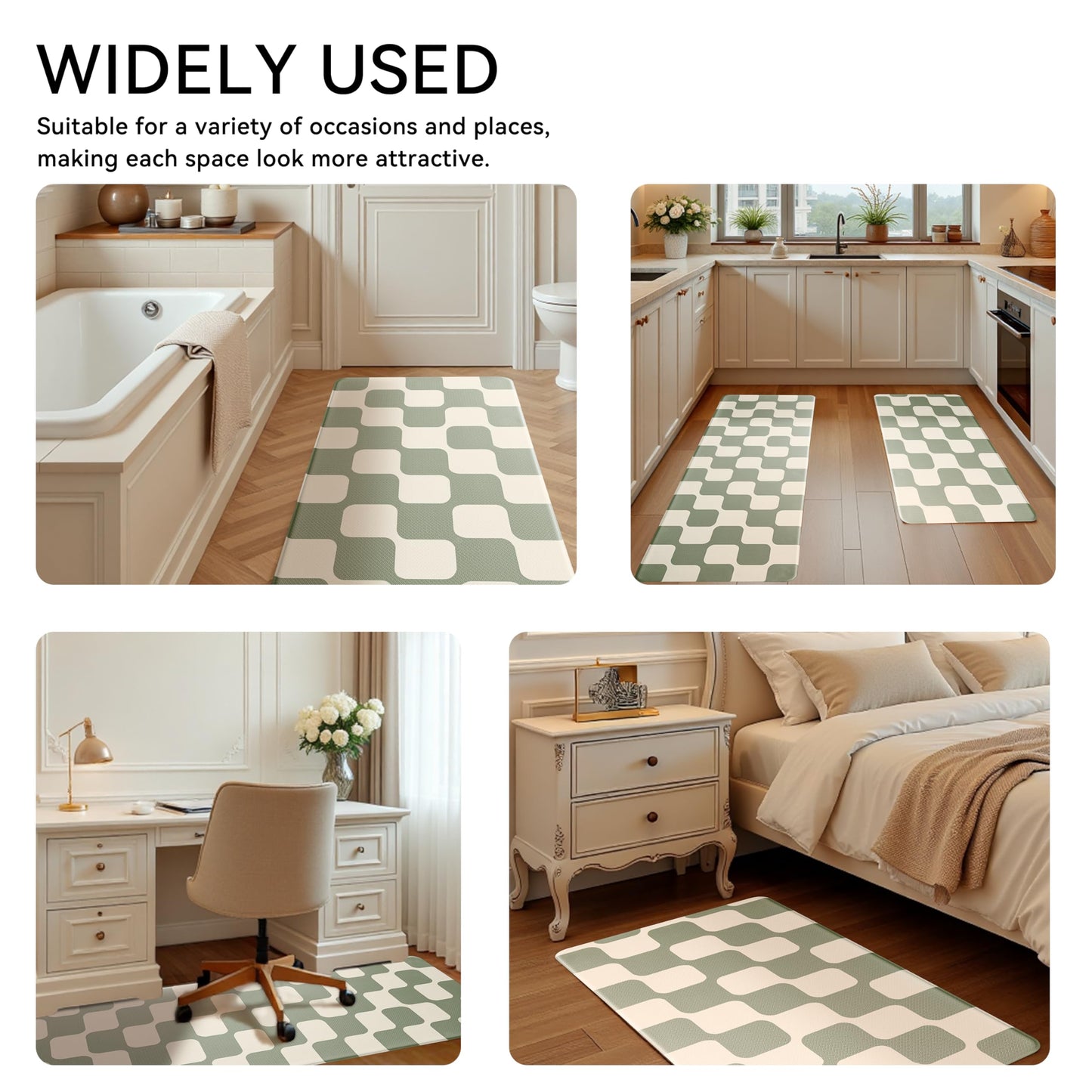 Sage Green Beige Retro Curvy Checkered Grid Checkerboard Kitchen Rug Sets [2 PCs], Anti-Fatigue, Waterproof Non-Slip Kitchen Mats Heavy Duty Comfort Foam Rug for Floor, Home, Laundry,17"x29"+17"x47"