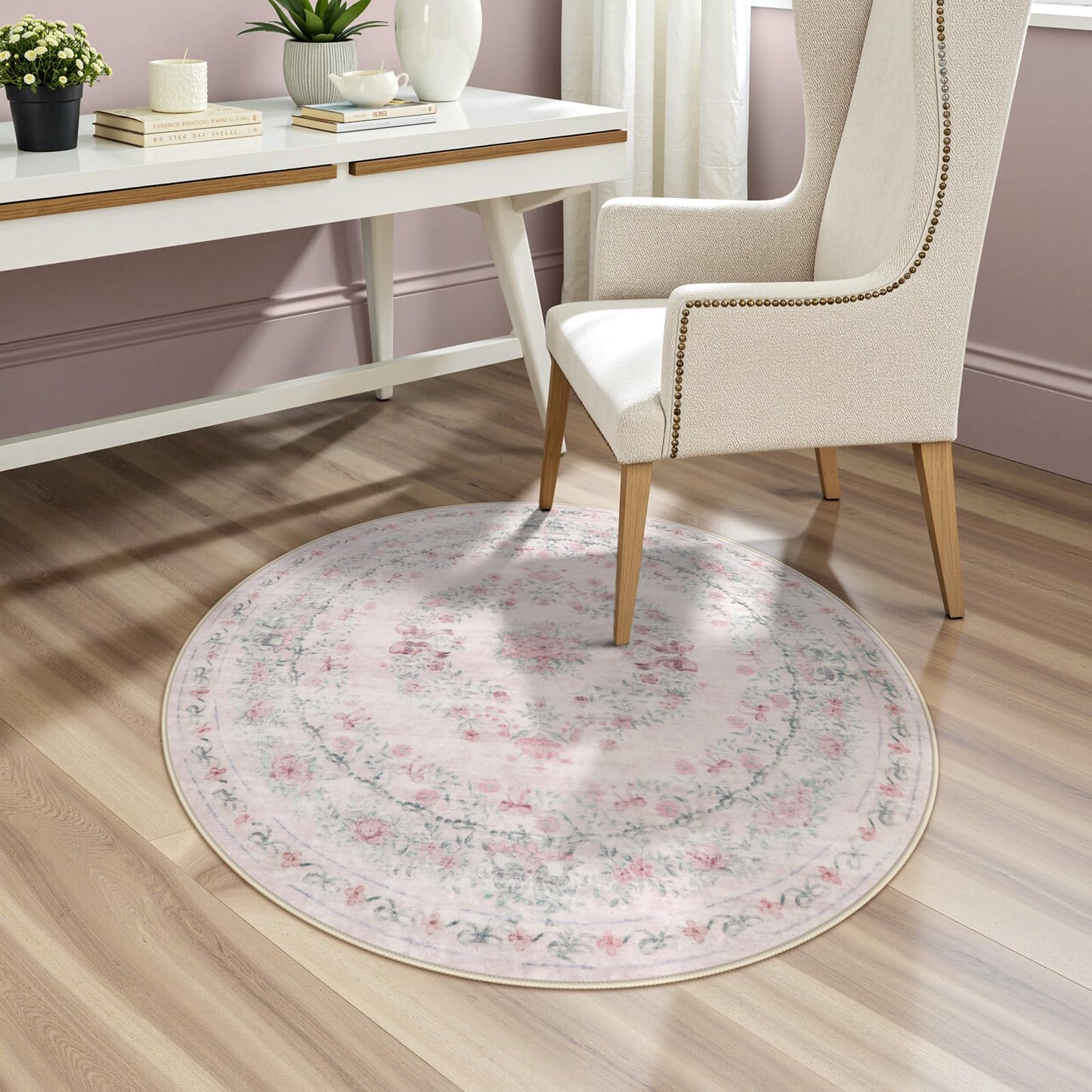 Wonnitar Bow Print Washable 4ft Round Rug, Pink Circle Rug for Girl Nursery Decor, Non Slip Ultra-Thin Soft Boho Floral Small Cute Circular Carpet for Kids Bedroom Baby Room, Light Pink