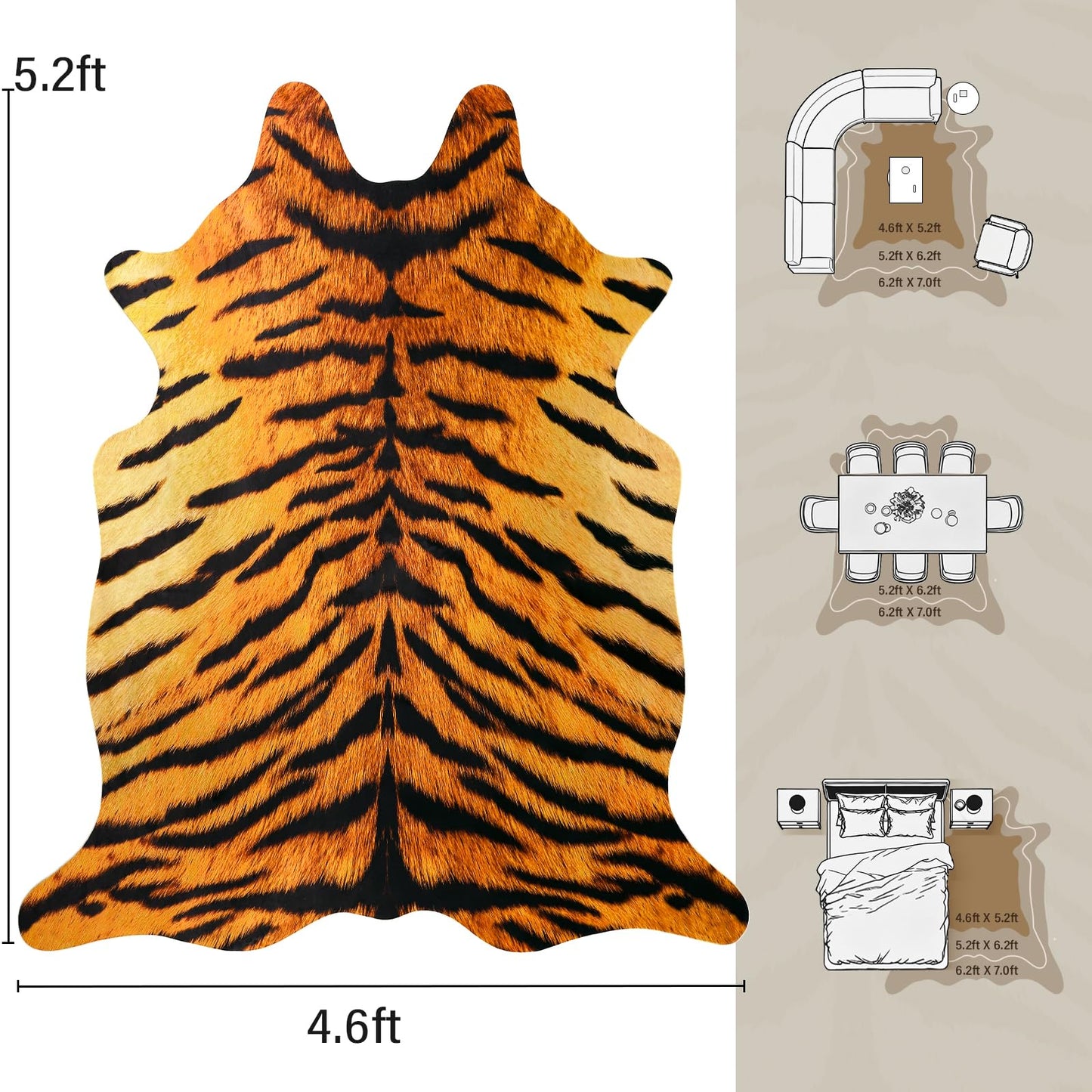 AROGAN Premium Tiger Print Rug 4.6x5.2 Feet, Machine Washable Faux Fur Rug, Non-Slip Animal Print Hide Tiger Skin Area Rug for Bedroom Living Room Home Decor