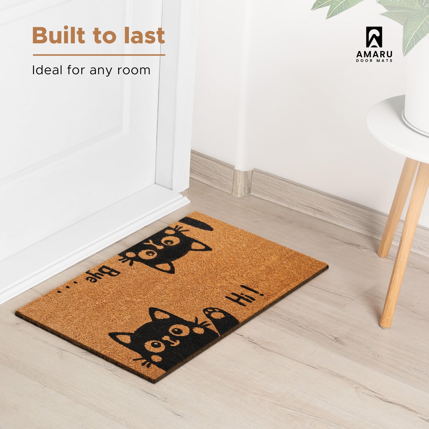 AMARU DOOR MATS - Coir Welcome Mat, Non-Slip, Hi-Bye Cat, 17 x 29 in