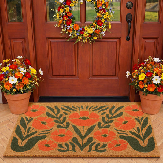 Duraaamo Retro Poppy Doormat Boho Outdoor Mat Floral Welcome Pattern Non Slip Summer Floor Mat for Front Porch Entryway Decor