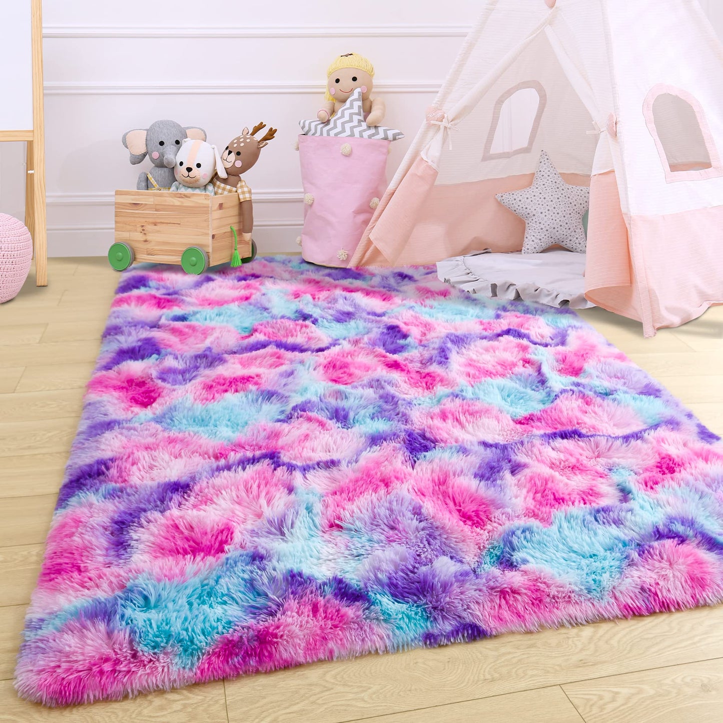 4x6 Tie-Dyed Pink Purple Blue Area Rug for Kids Bedroom Living Room, Fluffy Shag Soft Plush Furry Carpet, Non-Slip Indoor Floor Mat for Dining Room Home Decor