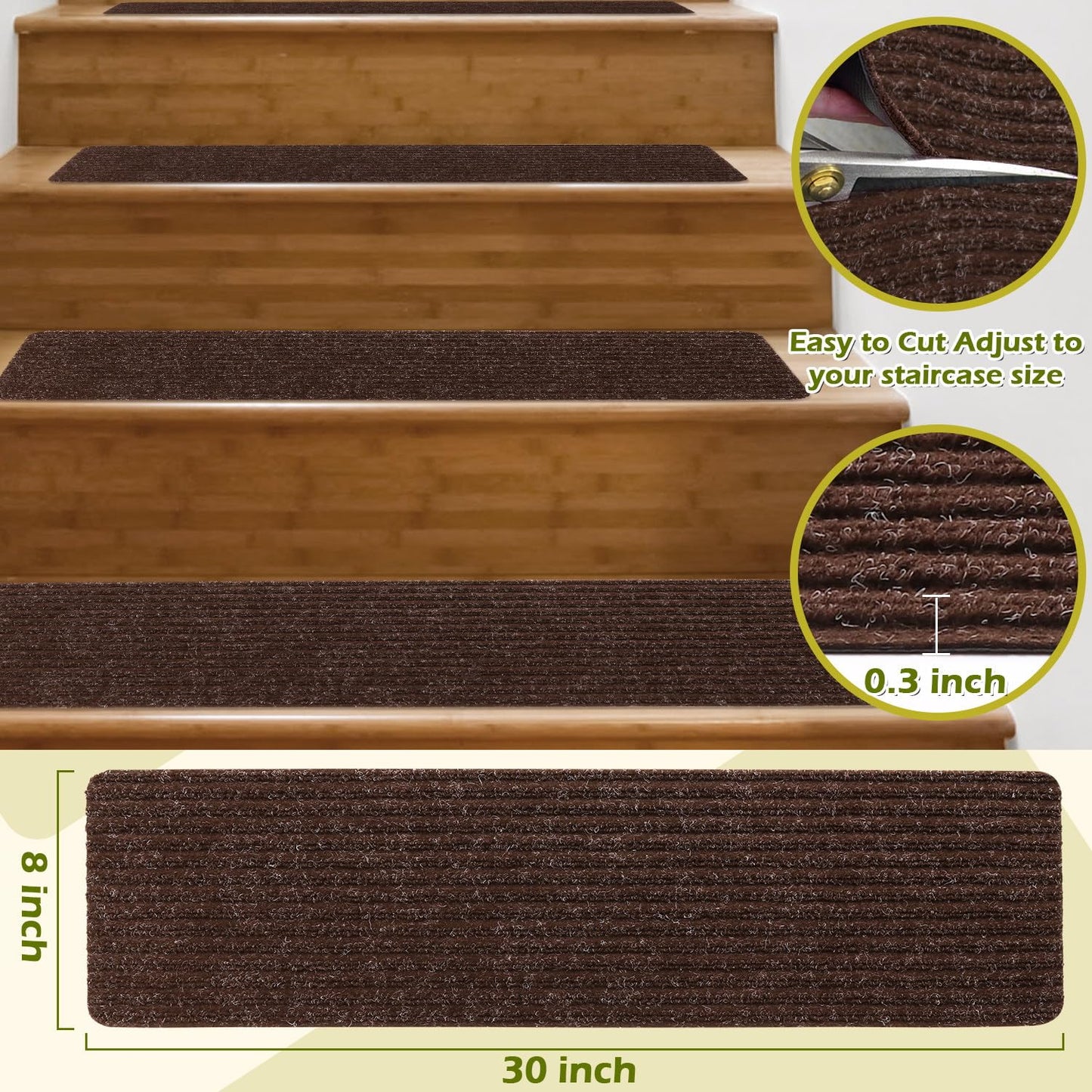 ANTDLE Stair Treads Non-Slip 16 Pack 8"x30" - Carpet Stair Runner for Indoor Wooden Steps with TPE Backing & Anti-Skid Surface, Reusable Adhesive Safety Rug for Kids/Elder/Pet-Friendly - Brown