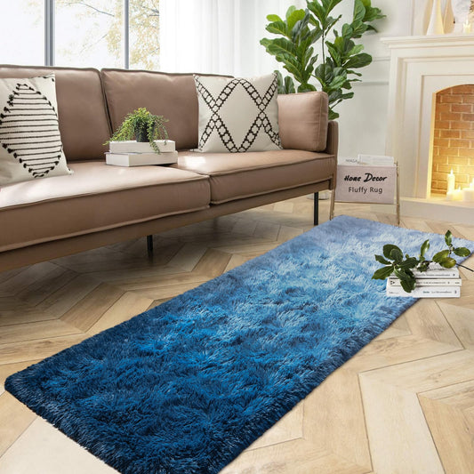 DweIke Luxury Shaggy Runner Rugs for Bedroom, 2x6 Feet Fluffy Runners Carpet for Girls Boys Kids, Non-Slip Extra Comfy Plush Bed Beside Rug for Living Room Nursery Home Decor, Gradient Navy Blue