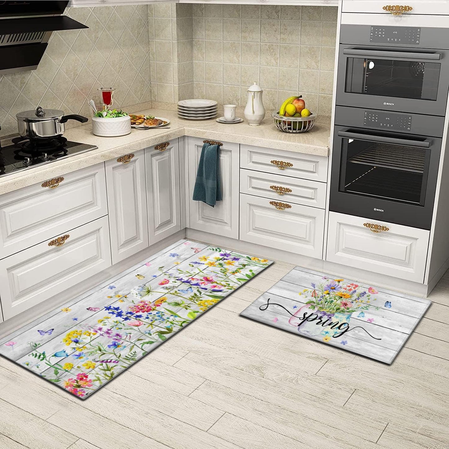 Twyt decor Spring Kitchen Rug Set of 2,Non-Slip Washable Kitchen Mats,Wood Grain Floral Kitchen Mats,Spring and Summer Holiday Decorations for Home Kitchen,17x30+17x47 Inch
