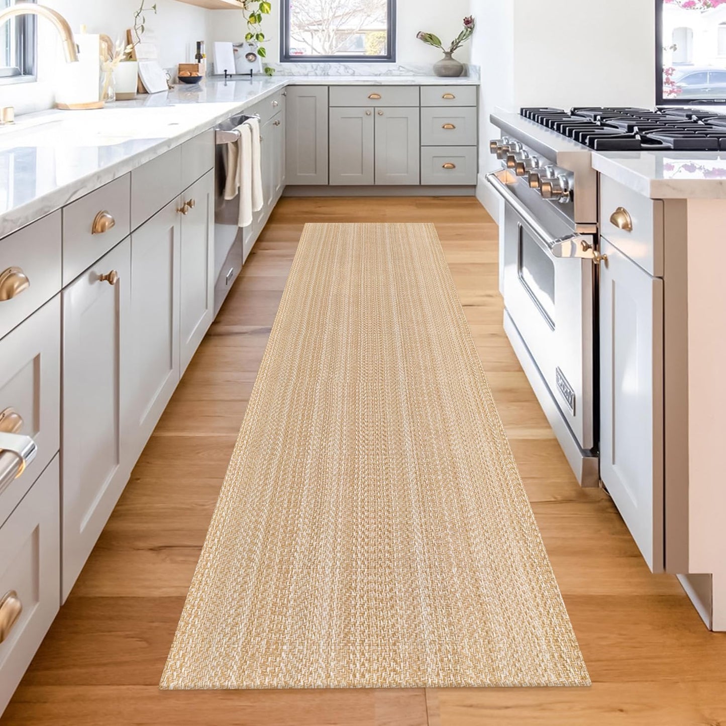 Washable Runners for Hallways 2x8 ft Kitchen Runner Non Slip Rubber Backed Hall Runners Cotton Entryway Runner Rugs Floor Carpet Floor Rugs for Living Room Indoor Backdoor Bedroom Kitchen(Khaki/Ivory)