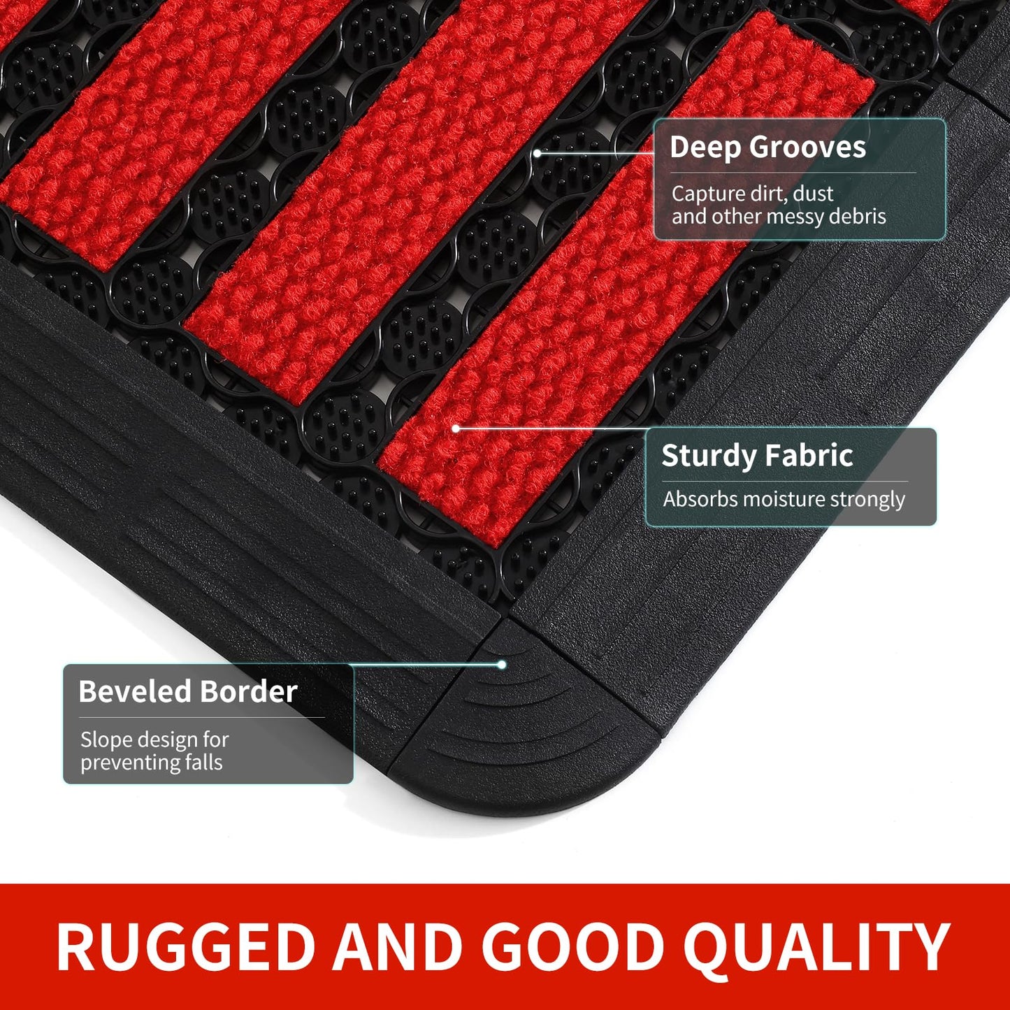 Linoows Heavy Duty Door Mat - DIY Interlocking Design, Dirt Trapper Front Doormat, 27.5x19.7 Inch All-Season Welcome Door Mats Non-Slip for Indoor Outdoor Entrance Home Commercial, Black & Red