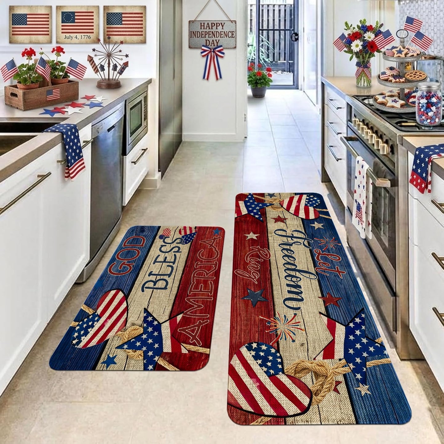 Nmxomug 4th of July Kitchen Rugs Set, Independence Day Kitchen Mats for Floor, 250th Anniversary Kitchen Decor, Holiday Decorations for Home, 17x30 Inch Door Mat + 17x47 Inch Runner Rug
