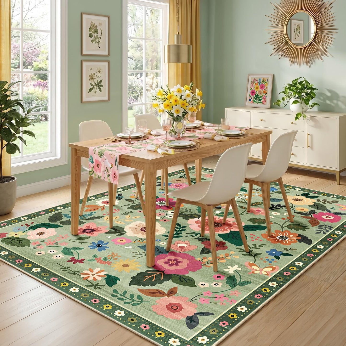 RELEANY Floral 5x7 Area Rugs Washable Print Boho Cute Carpet Non Slip Flower Low Pile for Living Room Bedroom Kitchen Office Farmhouse-Light Green