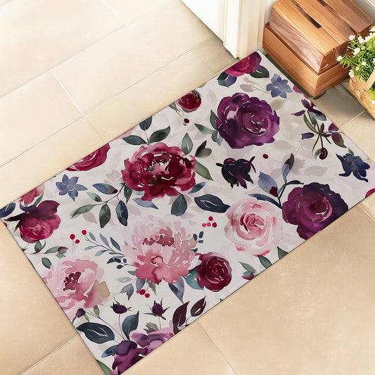 amepay Elegant Watercolor Floral Indoor Door Mat – Stylish 17x29.5in Non-Woven Fabric Floor Doormat with Pink Purple Flower Design, for Porch Insider,Bedroom,Living Room – Spring Decor Rug Gifts