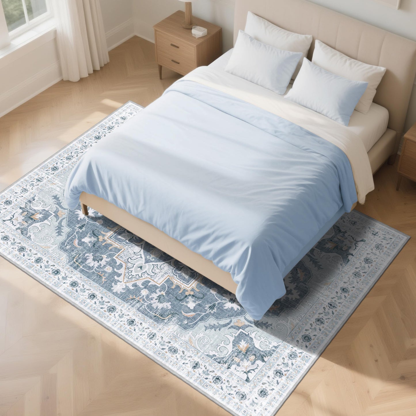 TTelephant 6x9 Area Rugs for Living Room, Soft Non-Slip Vintage Medallion Rug, Low-Pile Printed Washable Blue Gray Rug for Living Room, Bedroom, Dining Room, Nursery -Blue/Gray