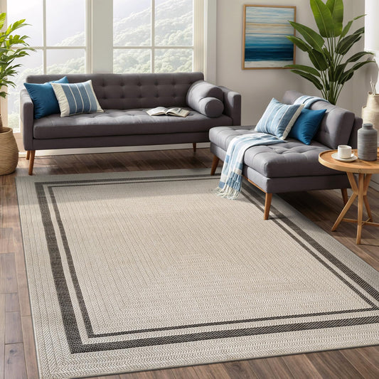 Beverly Rug Easy Jute Bordered Rug 5x7 Washable Durable Indoor Outdoor Area Rugs for Living Dining Room Patio Office Stain Resistant Non Shedding Casual Indoor Outside Carpet 5 x 7 Off-White