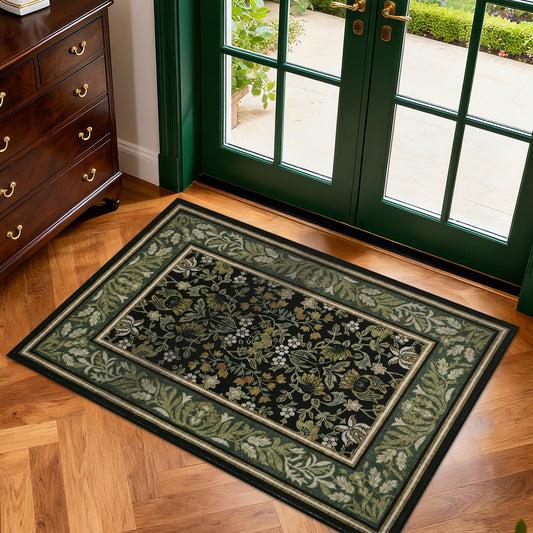 GarveeHome 2x3 Entryway Area Rug Boho Vintage Rugs Non Slip Front Door Rug, Washable Indoor Kitchen Rugs Soft Low-Pile Stain Resistance Small Door Mat for Bedroom Green Black