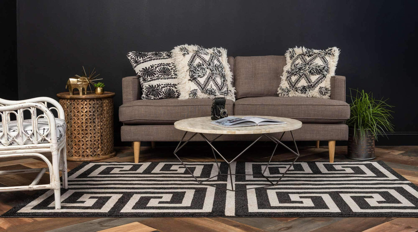 Unique Loom Athens Collection Classic Geometric Modern Border Design Area Rug (5' 0 x 8' 0 Rectangular, Black/ Beige)