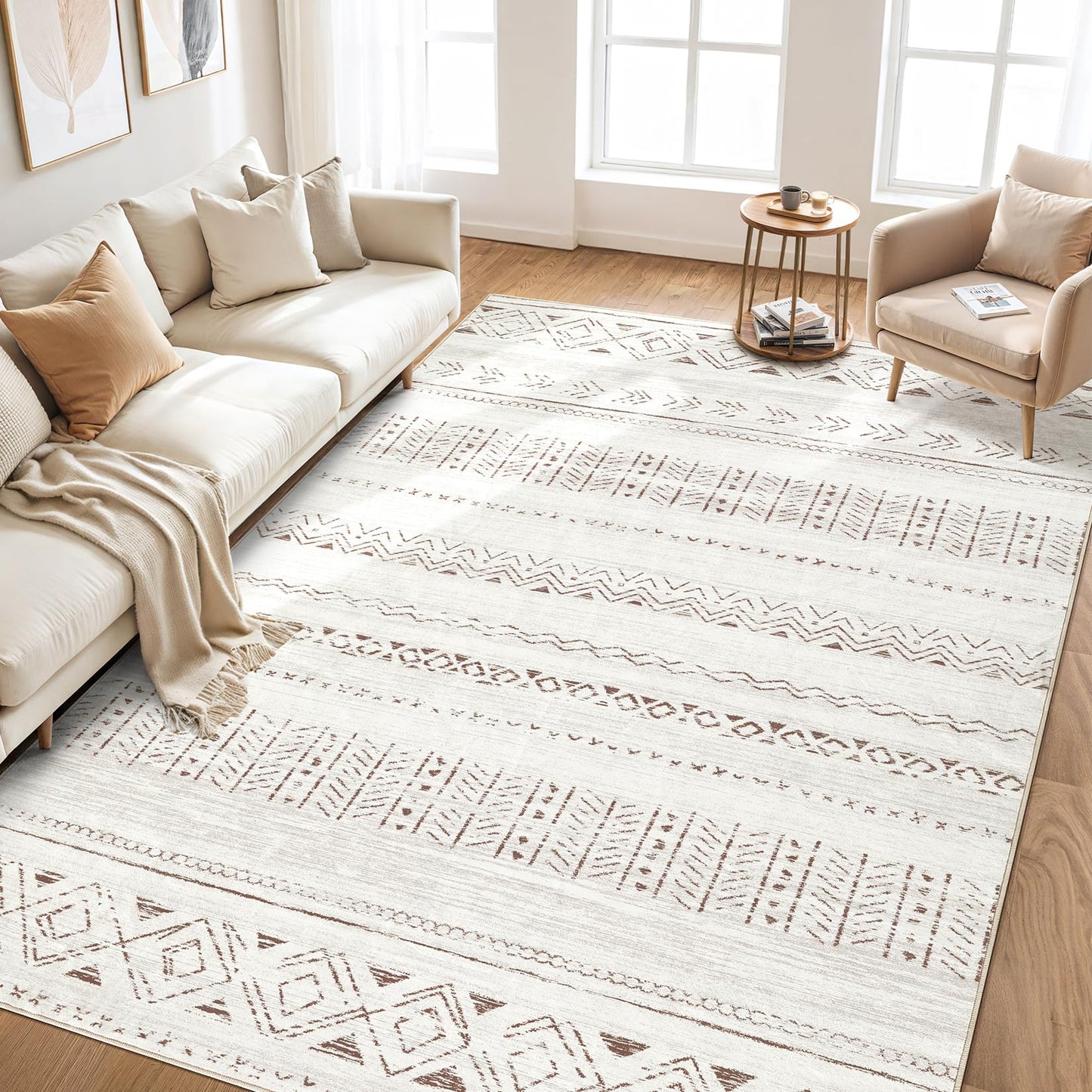 cotiled 5x7 Area Rugs Living Room Rug: Washable Boho Rugs with Non Slip Backing Large Soft Indoor Stain Resistant Carpet for Bedroom Farmhouse Dining Room Lightweight Home Decor L Brown/Cream