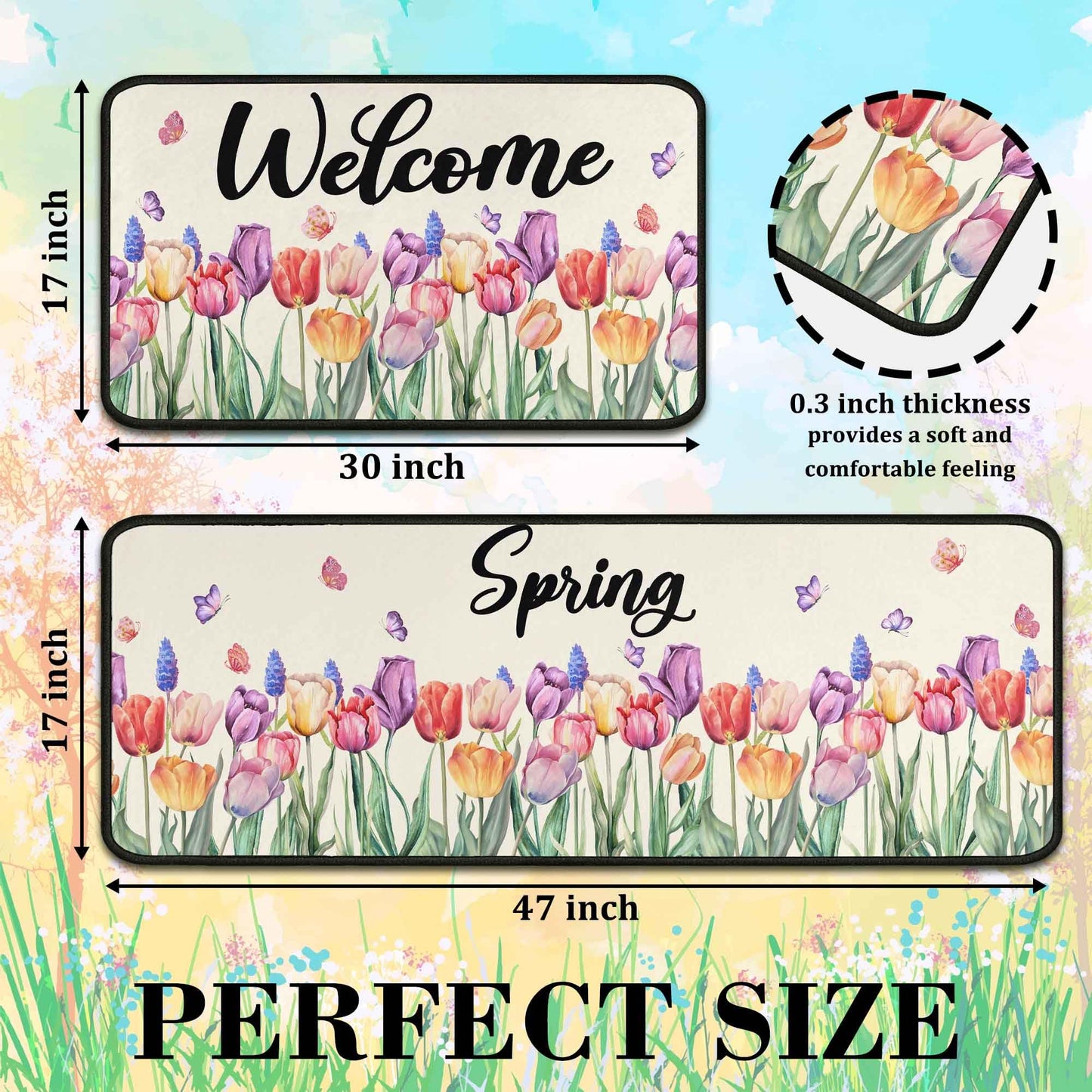 OUXIOAZ Tulip Floral Spring Decorative Kitchen Rugs Set of 2,Welcome Spring Summer Seasonal Holiday Decorations for Home Kitchen 17"x47"+17"x30"