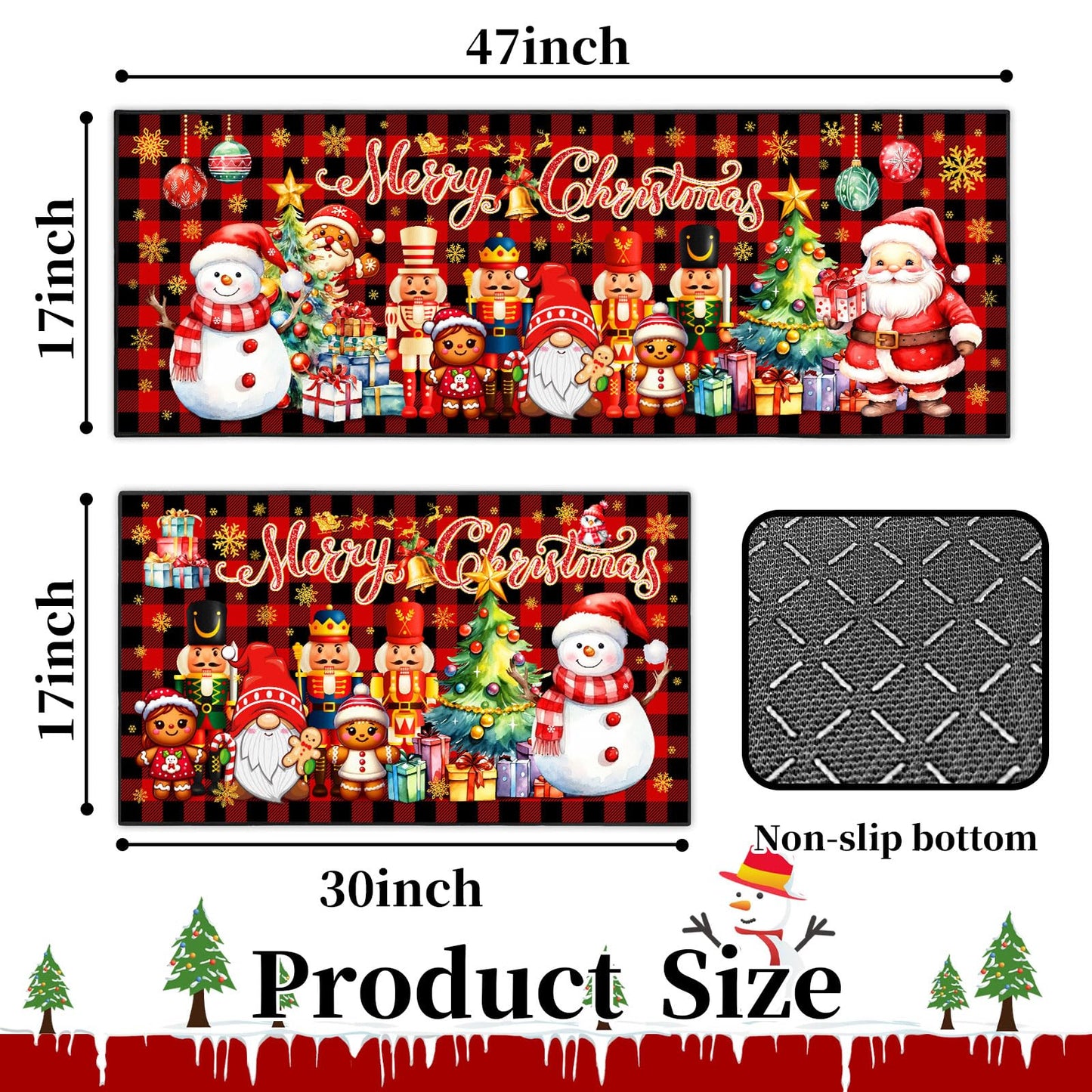 ACZHHZC Merry Christmas Nutcracker Kitchen Rugs and Mats Set of 2, Buffalo Plaid Winter Xmas Holiday Home Kitchen Decor Floor Mats, Washable Non-Slip Sink Carpet (17"x47"+17"x30")