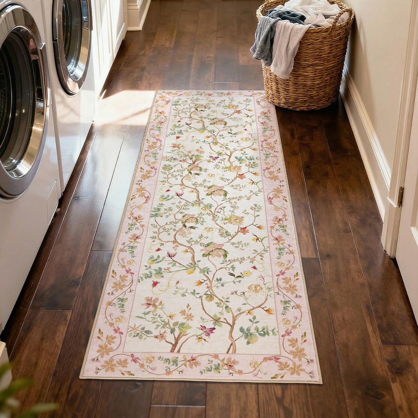 jinchan Floraison Floral Runner Rug 2x5 Machine Washable Kitchen Runner Non Slip Soft Low Pile Hallway Rug Boho Stain Resistant Carpet for Laundry Living Room Bedroom Pink