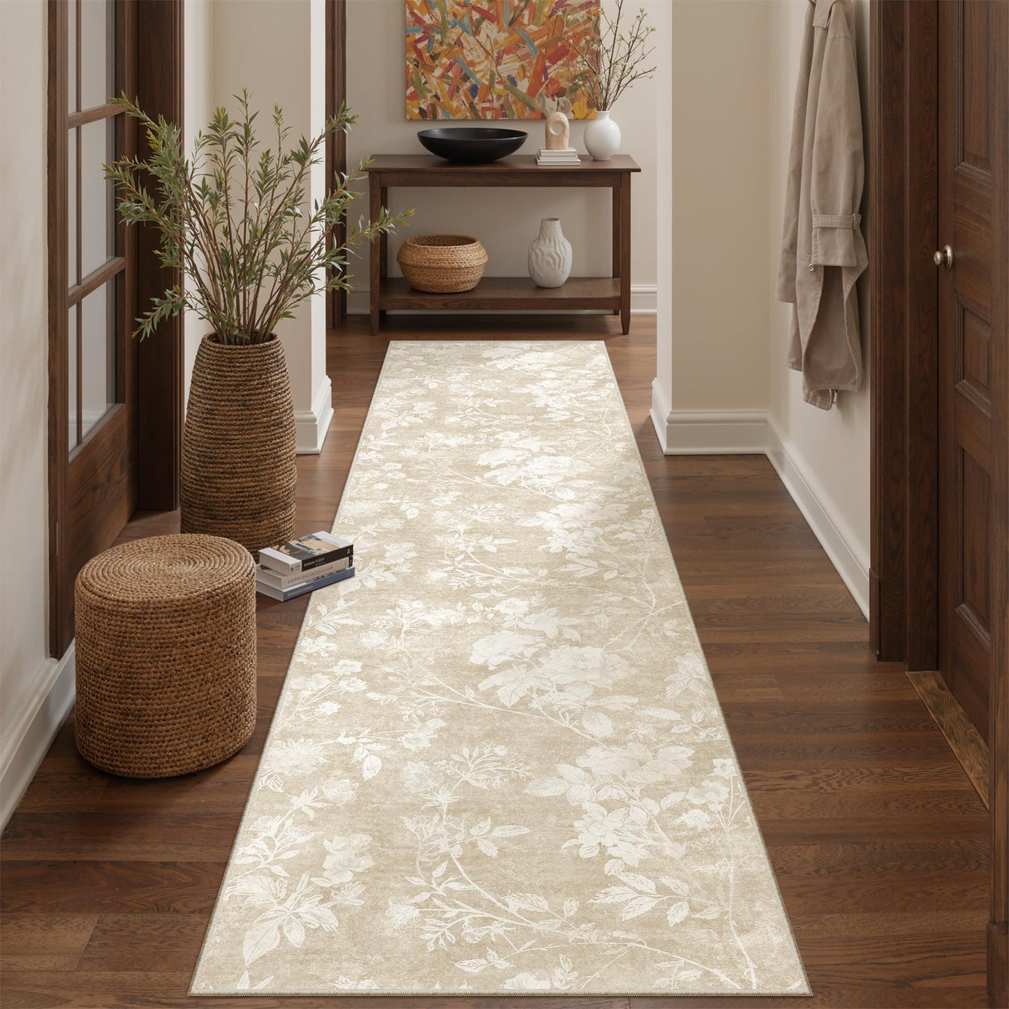 Soalmost Washable Runner Rug 2x8 – Hallway Oriental Floral Runner Rug with Non-Slip Soft Low Pile Neutral Thin Carpet Runner for Kitchen, Bathroom, Laundry Room, Bedroom, Entryway (2'x8',Beige)