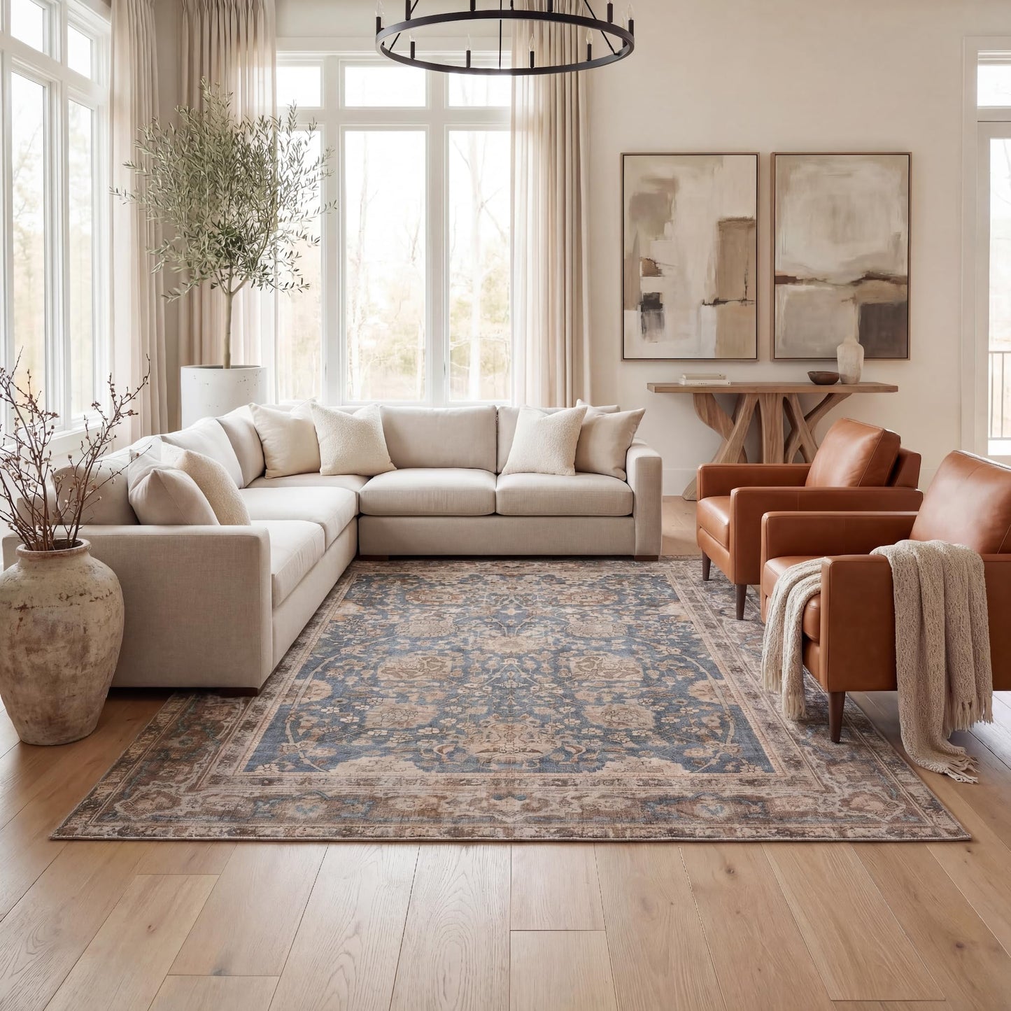 Kuden 9x12 Large Area Rug, Machine Washable Area Rug with Non-Slip Backing, Vintage Style, Soft, Easy Clean, Low Pile Rug for Living Room, Bedroom, Dining Room