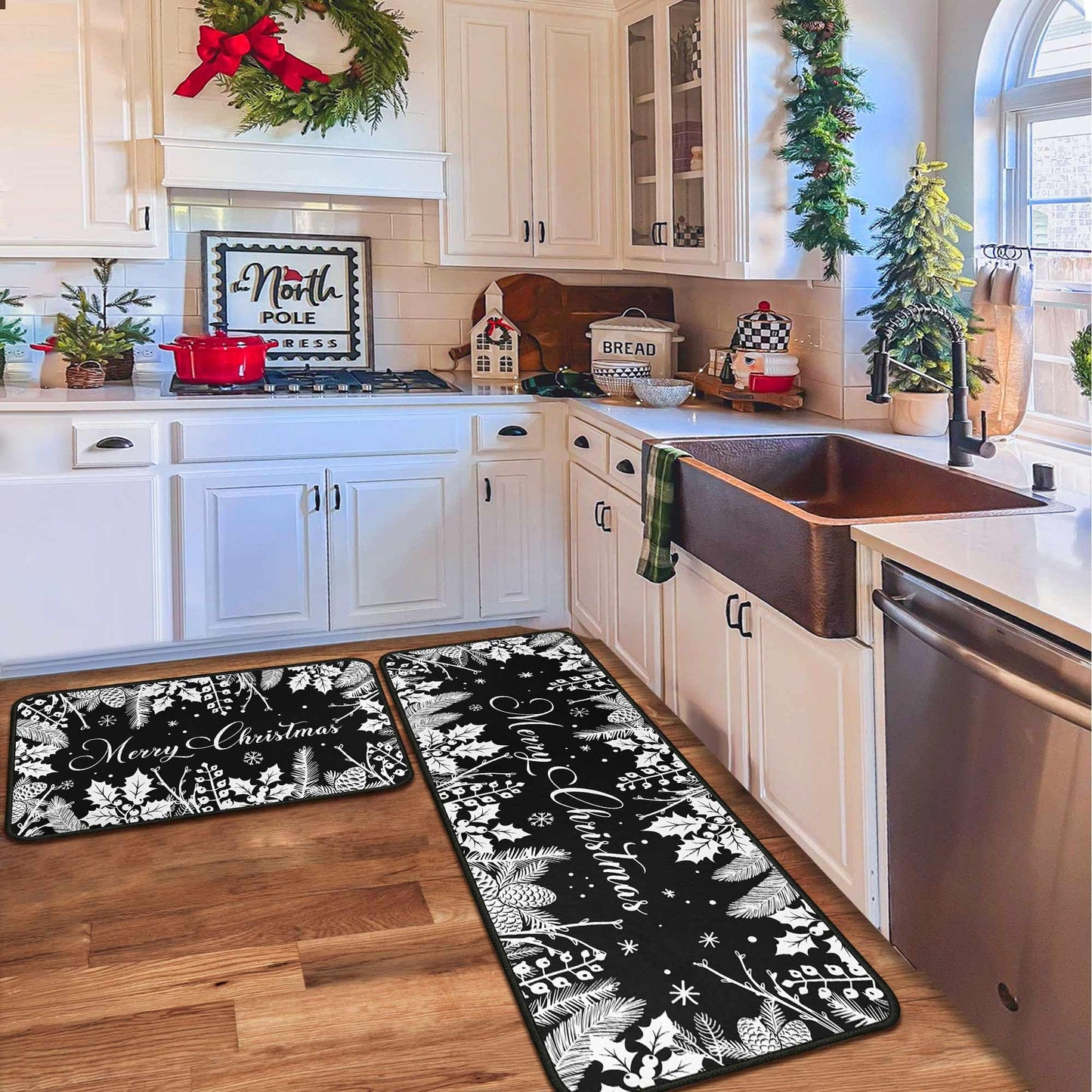 Christmas Kitchen Mats Set of 2, Black Christmas Decorations for Home, Holly Pine Branches Pinecones Kitchen Rugs Non-Slip Backing Winter Floor Mat Xmas Decor Washable Runner Rug 17"x47.2"+17"x30"