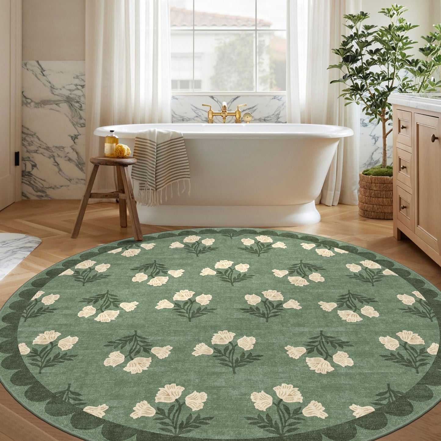 Othilic Sage Green 6ft Round Area Rug for Living Room - Large Washable Floral Boho Farmhouse Scalloped Circle Rug for Bedroom Stain Resistant Dining Room Rugs for Under Table Soft Non-Slip Nursery Rug